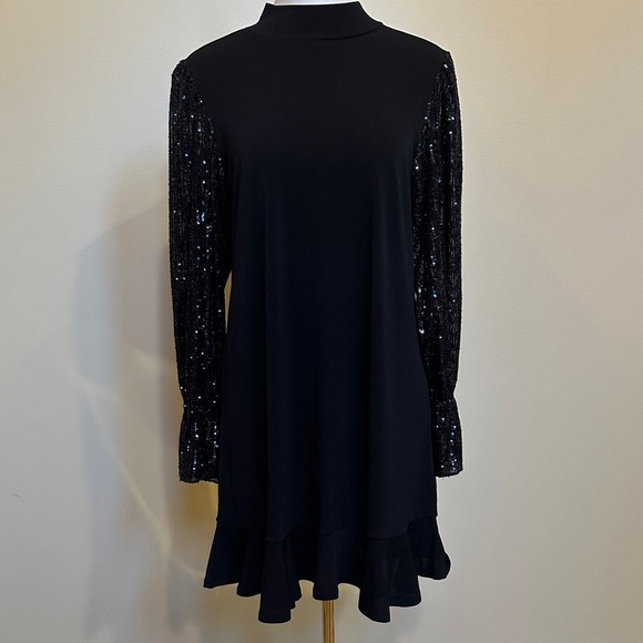 CeCe Black Cocktail Dress with Sequin Sleeves and a Ruffle Hem - Picture 1 of 6